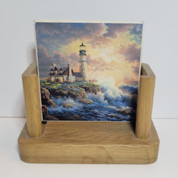 SET OF 4 VINTAGE CERAMIC TILE LIGHT-HOUSE NAUTICAL COASTERS WITH WOODEN HOLDER - Picture 5 of 7